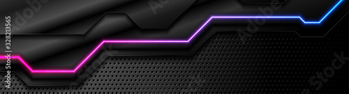 Futuristic perforated technology abstract background with blue purple neon glowing line. Vector banner design