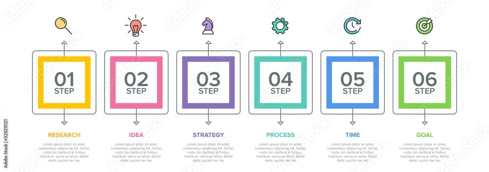 Fototapeta premium Concept of arrow business model with 6 successive isometric steps. Six colorful graphic elements. Timeline design for brochure, presentation. Infographic design layout