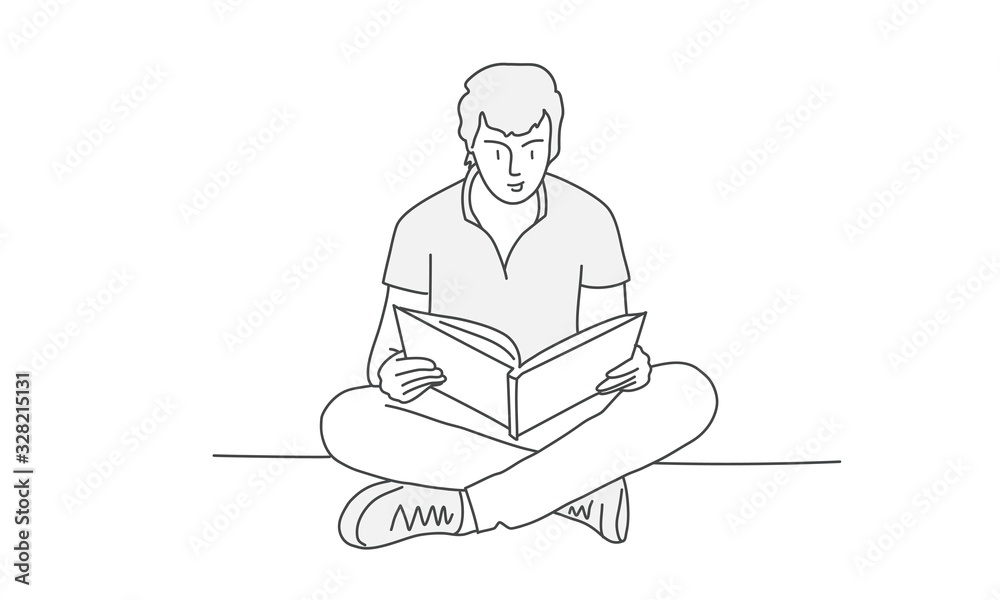 Man sits in lotus position and reads. Hand drawn vector illustration.
