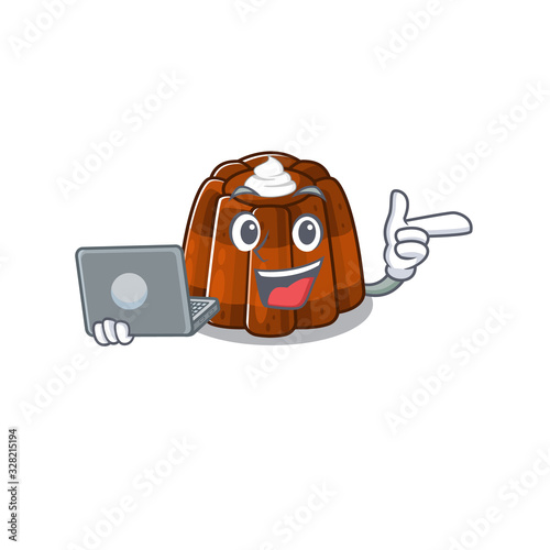 Cool character of chocolate pudding working with laptop