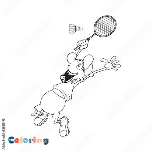 Cartoon badminton player. Black and white coloring.