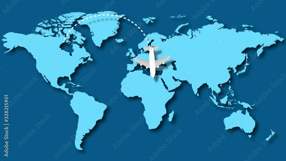 Passenger plane flying over world map
