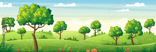 Panorama summer landscape with trees  flowers and meadows. Vector Illustrations with separate layers. Concept for banner  web background and templates.