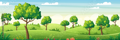 Panorama summer landscape with trees, flowers and meadows. Vector Illustrations with separate layers. Concept for banner, web background and templates.