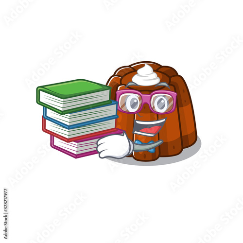 mascot cartoon of chocolate pudding studying with book