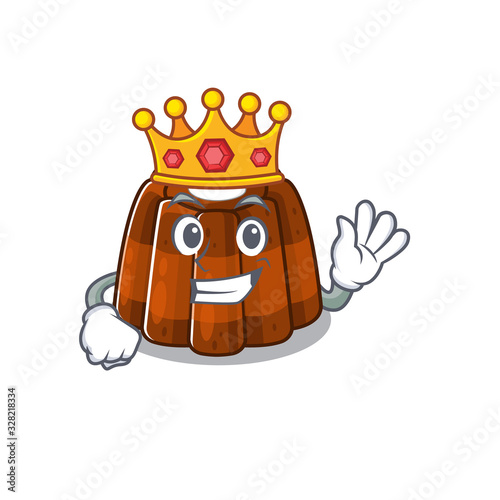 A cartoon mascot design of chocolate pudding performed as a King on the stage