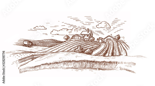 Rural landscape with a farm in engraving style/ Hand drawn