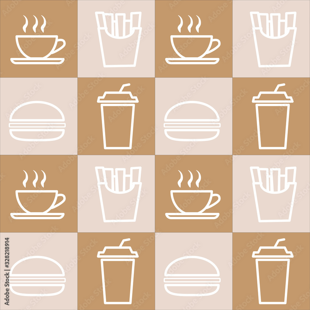 Illustration vector graphic of coffee, french fries, soft drink and burger patern. fit to place on packaging design, culinary event backdrop, food court wallpaper.