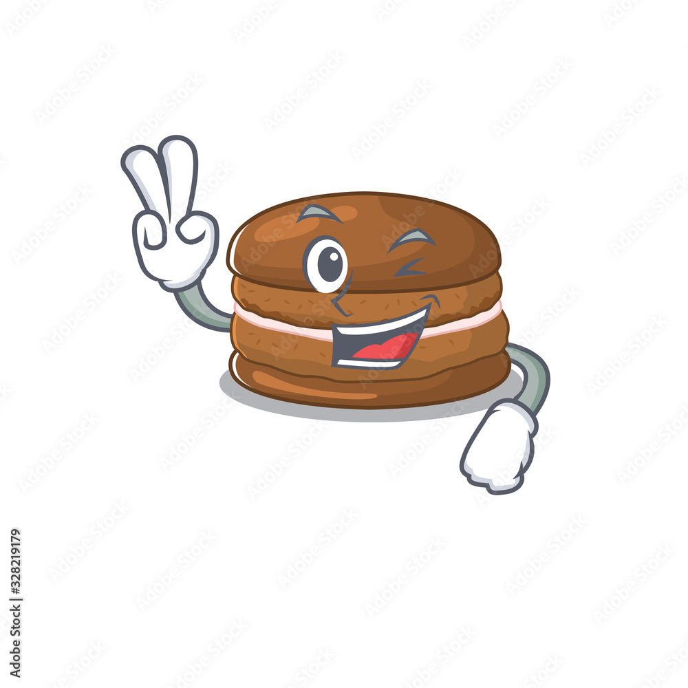 mascot of funny chocolate macaron cartoon Character with two fingers