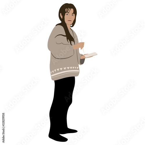 Isolated vector illustration. Standing girl in sweater. Casual cloth. Young female Caucasian. 