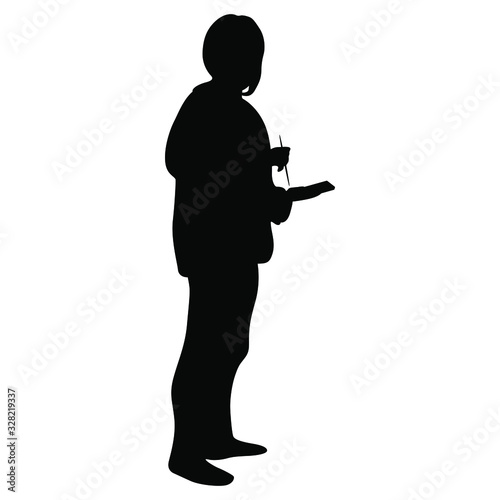 Isolated vector illustration. Silhouette of standing young girl with cell phone and stylus. Female artist holding paints and brush.
