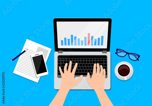 Top view of working on laptop. a paper and a cup of coffee. Business objectives goals progress improvement concept. Vector illustration on blue background.