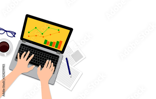 Top view of working on laptop. Business objectives goals progress improvement concept. Vector illustration on white background.