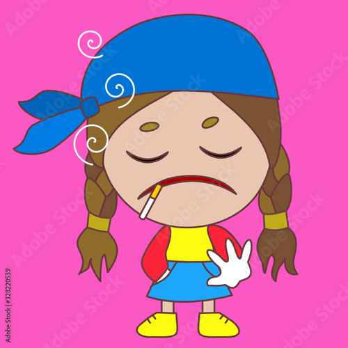 emoticon with tough girl in bandana that is smoking a cigarette & living her life like a thug, simplistic vector emoji in color, funny cartoon character from a set