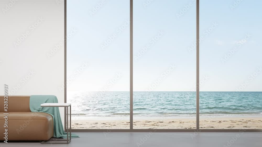Sofa on concrete floor of large living room in modern house or luxury hotel. Minimal home interior 3d rendering with beach and sea view.