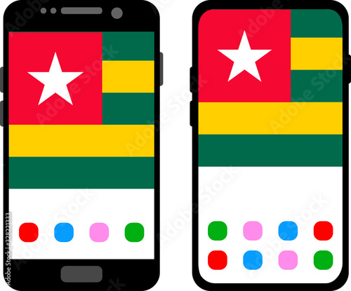 Two black smartphones with a home screen and wallpaper with the flag of Togo: old model with gray buttons and new model without buttons. Vector graphics, illustration