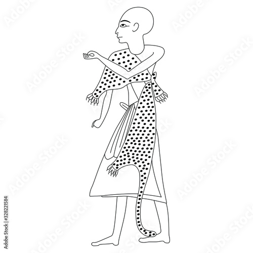 Isolated vector illustration. Standing ancient Egyptian priest in leopard skin. Black and white linear silhouette.