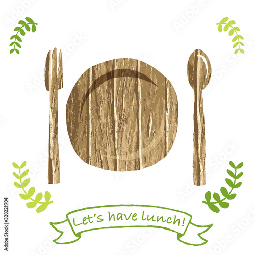 木製のスプーンとフォークとお皿　Let's have lunch!の文字