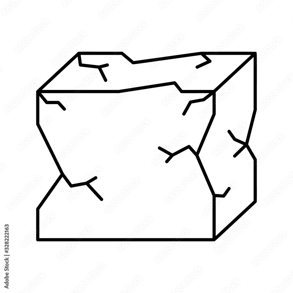 Crumpled cube box icon. Black illustration of damage, breakage, pain, damnification. Contour isolated vector image on white background. Linear logo for construction materials, cracked stone