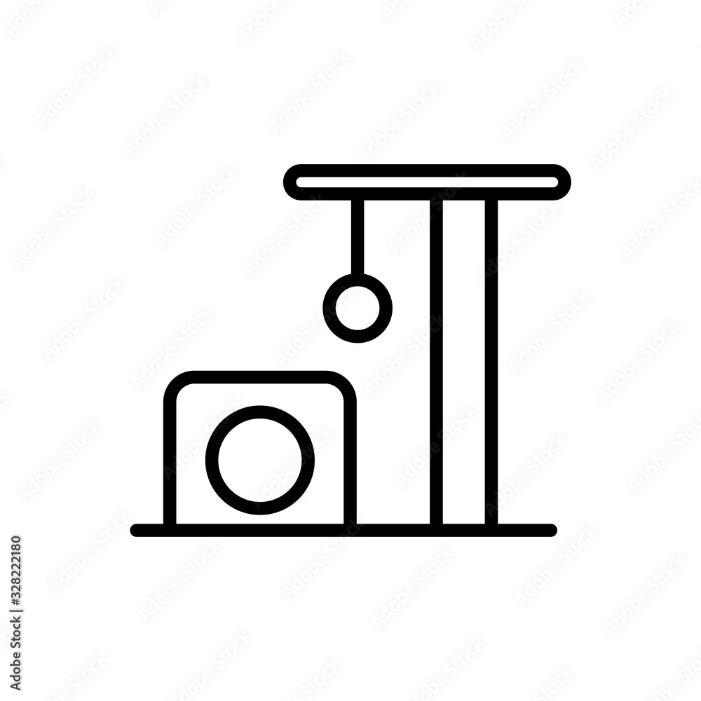 Cat house with scratching post and hanging toy. Linear logo for pet shop and products. Black simple illustration. Contour isolated vector image on white background. Interior item for playful cats Cat house with scratching post and hanging toy. Linear logo for pet shop and products. Black simple illustration. Contour isolated vector image on white background. Interior item for playful cats