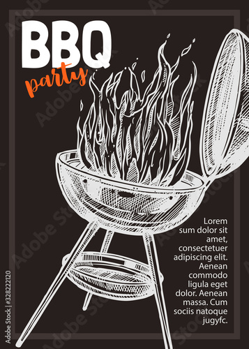 Barbecue vector hand drawn party poster with grill and fire. Sketch bbq design with typography on chalkboard