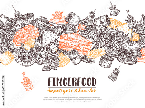 Poster with finger food background, template for website. Snacks, appetizers, mini canapes, sandwiches, seafood, hamburger, rolls. Vector illustration in monochrome hand drawn sketch style