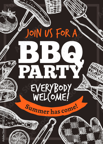 Barbecue vector hand drawn party poster with grill food and accessories. Sketch bbq design with typography on chalkboard