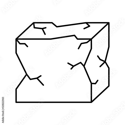 Crumpled cube box icon. Black illustration of damage, breakage, pain, damnification. Contour isolated vector image on white background. Linear logo for construction materials, cracked stone