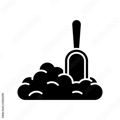 Flat silhouette pile of dry matter with stuck scoop. Black vector illustration of litter toilet, pet food, soil, building materials. Outline icon of heap or mound of flour, grain, groats, sugar, salt