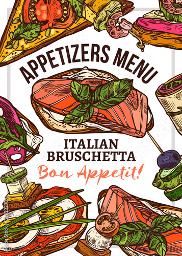 Hand drawn vector poster or design template for appetizers menu. Sketch food illustration with finger food and italian bruschetta