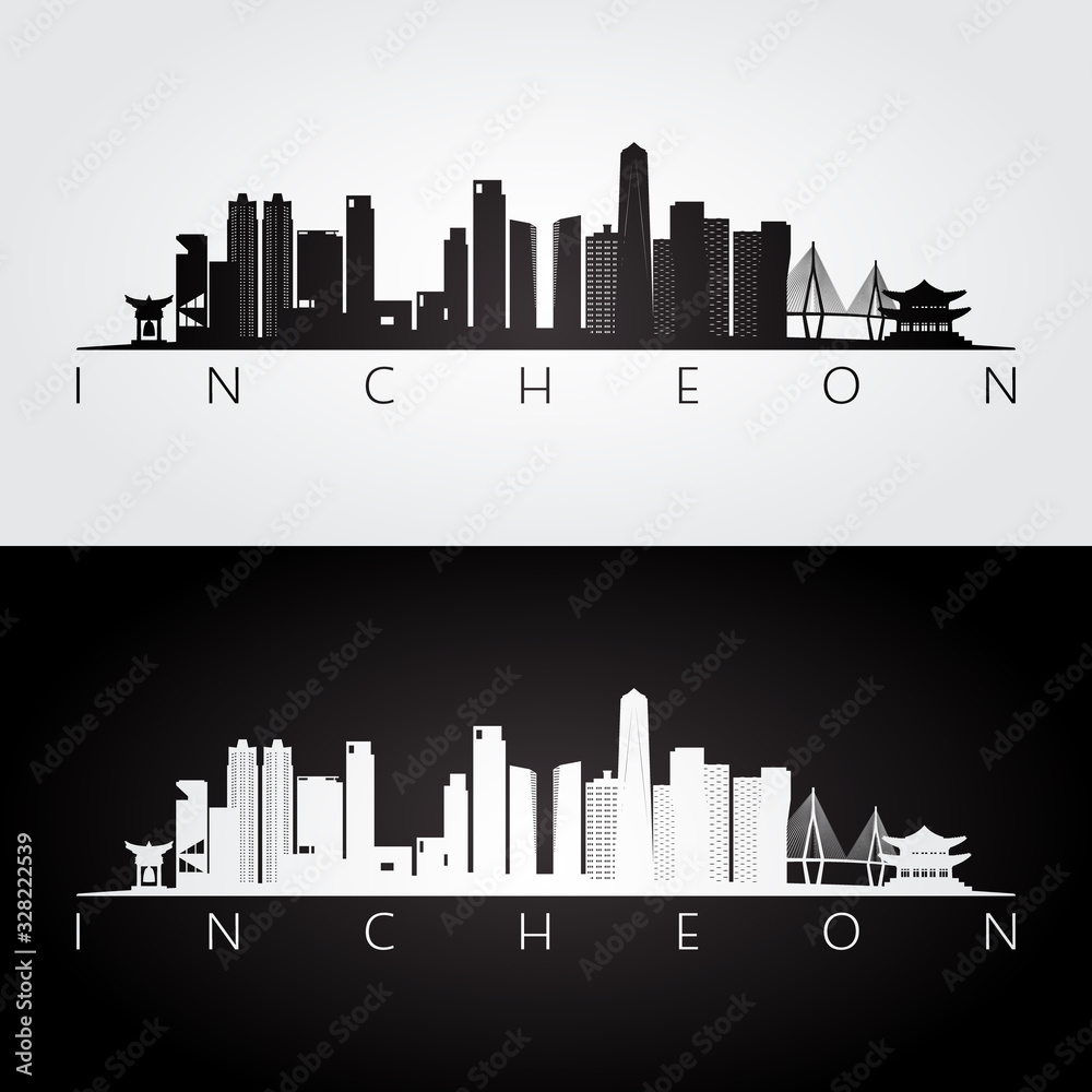 Incheon skyline and landmarks silhouette, black and white design, vector illustration.