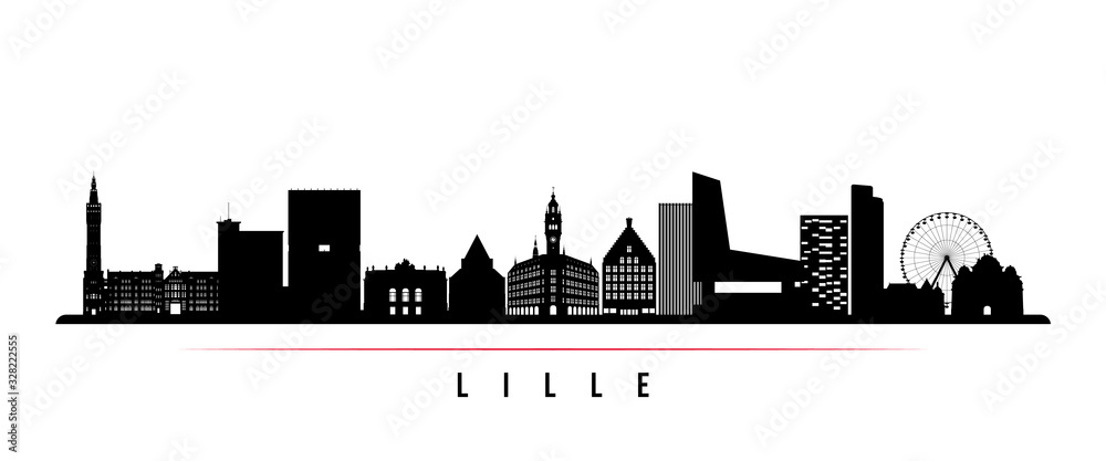 Lille skyline horizontal banner. Black and white silhouette of Lille, France. Vector template for your design.