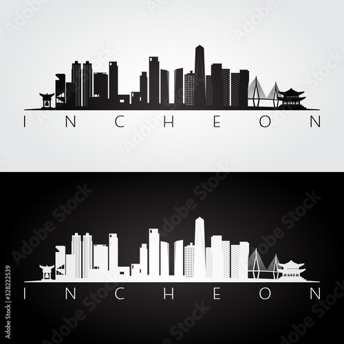 Incheon skyline and landmarks silhouette, black and white design, vector illustration.