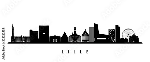 Lille skyline horizontal banner. Black and white silhouette of Lille, France. Vector template for your design. photo