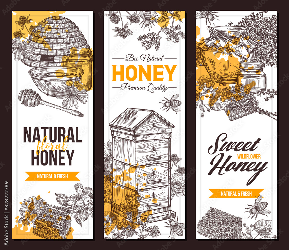 Vector hand drawn honey vertical banners with wild flowers. Design ...