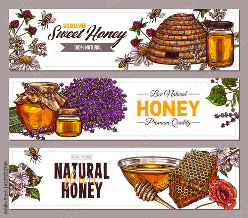 Vector hand drawn honey horizontal banners with wild flowers. Design templates with sketch illustrations of plants, hives, honeycomb, jars, pots for for beekeeping and apiculture