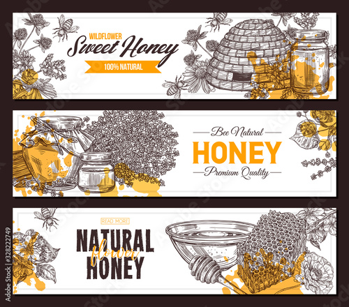 Vector hand drawn honey horizontal banners with wild flowers. Design templates with sketch illustrations of plants, hives, honeycomb, jars, pots for for beekeeping and apiculture. Whatecolor splashes