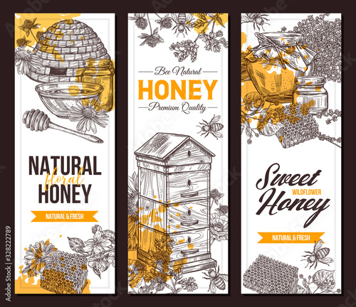 Vector hand drawn honey vertical banners with wild flowers. Design templates with sketch illustrations of plants, hives, honeycomb, jars, pots for for beekeeping and apiculture