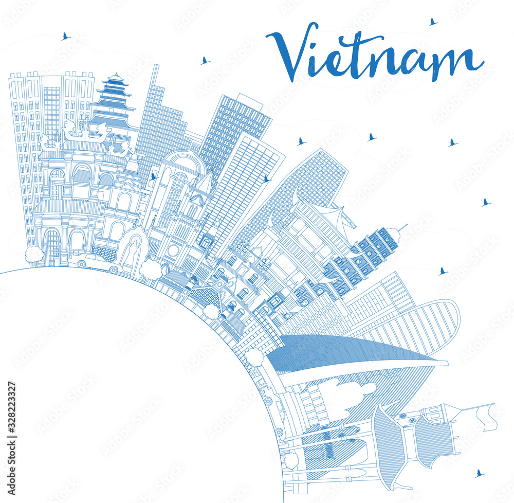 Outline Vietnam City Skyline with Blue Buildings and Copy Space.