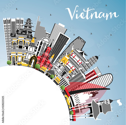 Vietnam City Skyline with Gray Buildings, Blue Sky and Copy Space.
