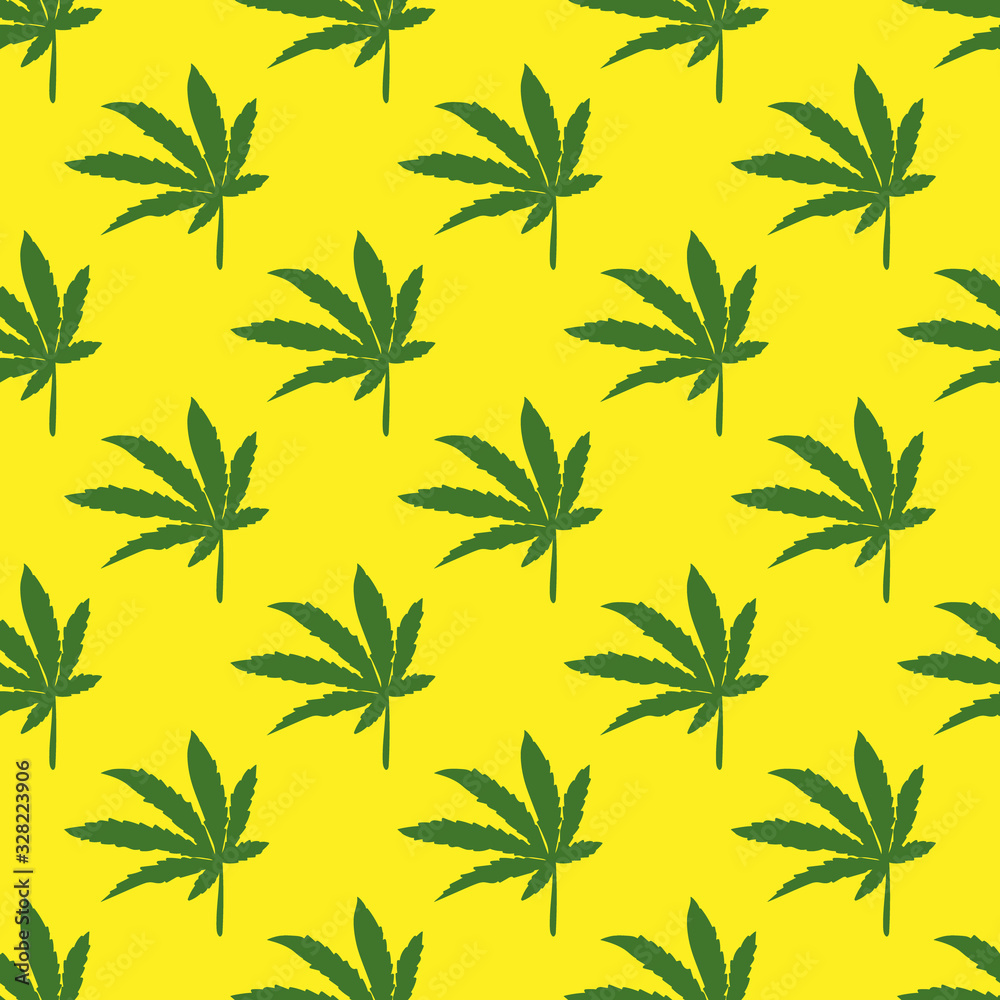 Vector seamless pattern of green cannabis leaves on a yellow background. Vector seamless pattern of green cannabis leaves on a yellow background.