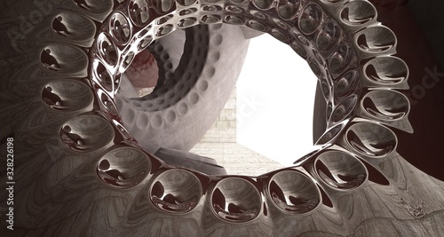 Architectural background. Abstract concrete interior with smooth copper chrome discs. 3D illustration and rendering.