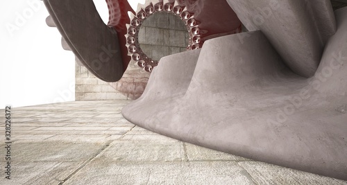 Architectural background. Abstract concrete interior with smooth copper chrome discs. 3D illustration and rendering.