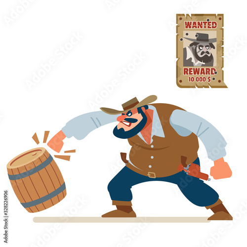 Angry cowboy bandit smash everything around. Old wild west. Cartoon vector illustration. Flat style. Isolated on white background