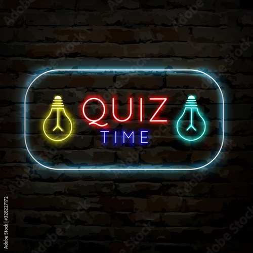 Quiz time neon logo symbol. Quiz pub poster or banner template for night or bar party with thematic brainy games, answering questions. Flat vector illustration. photo