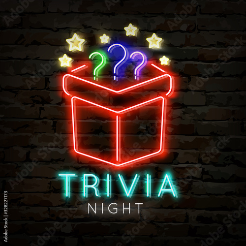 Trivia night neon logo symbol. Quiz pub poster or banner template for night or bar party with thematic brainy games, answering questions. Flat vector illustration.