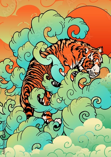 Tiger with in the cloud and sun oriental Japanese or Chinese  illustration tattoo digital painting style vector background