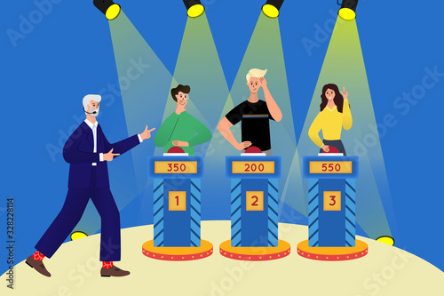 Clever intelligent people playing in TV quiz show.  Cartoon male and female characters  thinking, answering questions. Cartoon flat vector illustration.