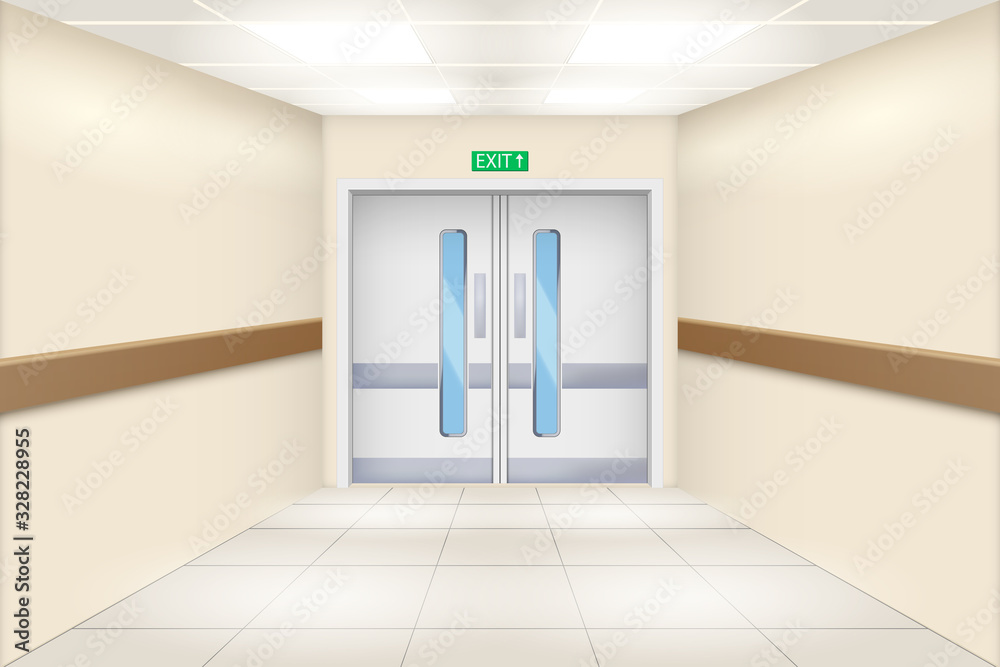 Hospital hall and double doors. Perspective view of Emergency entrance