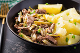 Stew beef, pieces of beef stewed with pickled cucumber in russian style. Beef stroganoff and boiled potatoes.